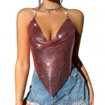 Naiste Sequin Sling Tops P&auml;itsetega varrukateta seljata l&uuml;hike vest metallist ketiga S roosa kuldne v&auml;rv