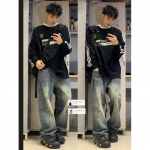 Meeste retro pestud vintage laiad teksad, meeste lahtised sirged teksad vabaaja mitmek&uuml;lgsed rippuvad pikad p&uuml;ksid S sinine