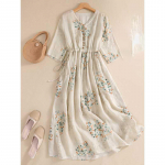 Summer Dress Women Long Print Elegant Clothing Vintage Elastic Waist Korean Beach Style V-Neck Robe XXL sinine