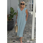 Suvine selg Side Up Bandage Flare Varrukateta puuvillane linane kleit naistele Elegantne mood valge must soliidne pikad riided 3XL helesinine v&auml;rv