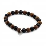 Pierres et Min&eacute;raux. Bracelet Perles Agate noire + bois 8 mm. Fabriqu&eacute; en France.