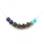 Pierres et Min&eacute;raux. Collier perles Labradorite + Oeil de Tigre + Turquoise + Lapis Lazuli Chaine en acier inoxydable.