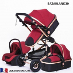 BAZARLAND30.Poussette 3 en 1 B&eacute;b&eacute; Combin&eacute;e Si&egrave;ge-Auto Nacelle Trio R&eacute;versible R&eacute;glable Haute Qualit&eacute; Roues increvables Canne. Rouge punane