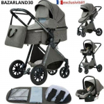 BAZARLAND30.Poussette 3 en 1 B&eacute;b&eacute; Combin&eacute;e Si&egrave;ge-Auto Nacelle Trio R&eacute;versible R&eacute;glable Haute Qualit&eacute; Roue increvable Canne.Dark grey hall