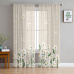 Valge Karikakra Lillega L&auml;bipaistvad Voile Kardinad Elutuppa K&ouml;&ouml;ki Magamistuppa Kerged Riputatavad Aknakatted 135W x 114H(cm)