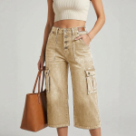 Naiste k&otilde;rge v&ouml;&ouml;kohaga mitme n&ouml;&ouml;biga cargo l&uuml;hikesed teksap&uuml;ksid Vintage mitmetaskulised pestud denim capri p&uuml;ksid Vabaaja laia s&auml;&auml;rega p&uuml;ksid XL khaki