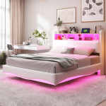 Ujuv disainiga polsterdatud voodi 140*200 linasest kangast, multifunktsionaalne panipaiguga voodi LED-valgusti, USB ja TYPE-C liidesega, beež 211.5 x 140 x 110.5 cm beež