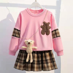 T&uuml;drukute JK &uuml;likond kevad- ja s&uuml;gismood armas mugav vabaaja puuvillane kampsun Ruuduline plisseeritud seelik 120 roosa