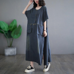 DIMANAF Plus Size 2024 kevadine naiste teksakleit, puuvillane vabaaja vintage pikkade varrukatega kleidi taskud XL