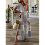 Moodne V kaelusega l&otilde;hestatud avar rannakleit Retromustriga prindiga naiste pikk kleit Suvine elegantne l&uuml;hikeste varrukatega maksikleit 5XL