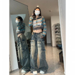 Multi Pocket Design High Street American Workwear Teksad Naiste laia s&auml;&auml;rega lahtised p&uuml;ksid XL sinine