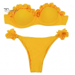2 tk/komplekt Naiste suvine bikiinikomplekt Bandeau Ruffle Trim Rinnahoidja Keskmiselt t&otilde;usvad p&uuml;ksid Push Up Ujumiskost&uuml;&uuml;m Poolitatud disainiga ujumistrikoo M kollane