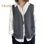 Naiste kudumisvest V-kaelusega varrukateta &uuml;herealine soe vest, &uuml;hev&auml;rviline avara liibumisega kootud taskutega s&auml;rk must