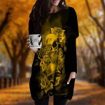 S&uuml;gisesine uus loominguline Rose Skull Splicing Print Plus Size kleit Naiste kaelaga pikkade varrukatega vabaaja taskukleidid XS lilla