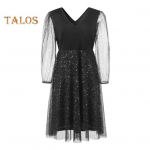 Suures suuruses t&auml;pimustriga &otilde;htukleit, kahekihiline &auml;&auml;risv&otilde;rk, varrukatega, &otilde;huke V-kaelusega A-line V-kaelusega balli pidulik midikleit XXL must