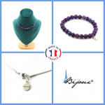 Pierres et Min&eacute;raux. Parure Bracelet Collier 10 perles Am&eacute;thyste 8 mm. Chaine en acier Taille personnalisable.