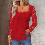 Naiste moodne soliidne pitstop ruudukujulise kaeluse ja pitsiliste pikkade varrukatega XXXL