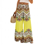Naiste suvised boheemlaslikud palazzo p&uuml;ksid k&otilde;rge v&ouml;&ouml;kohaga laia s&auml;&auml;rega lilleprindiga vabaajap&uuml;ksid taskutega XL kollane