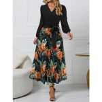 Kevadine ja s&uuml;gisene naiste mood &otilde;huke temperament V-kaelusega tr&uuml;kitud kleit, pikkade varrukatega pressitud plisseeritud kleidid L