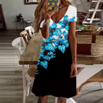 Suvemood naiste V-kaelusega l&uuml;hikeste varrukatega lillega tr&uuml;kitud kleit Seks-l&uuml;hikese seelikuga kleidid XS