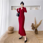 Plisseeritud V-kaelusega volangidega pikk kleit naistele S&uuml;gistalvine valge kootud kampsun Kleit Korea elegantsed kleidid XL