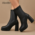 Moodsad PU Must Keskmise s&auml;&auml;rega Saapad Naistele Elegantne Ruudukujuline nina K&otilde;rge kontsaga Chelsea Saapad Botas Para Mujer Slip-on Naiste Botines 35