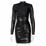 PU-nahast minikleit Ruched k&otilde;rge kaelusega pikkade varrukatega keha&uuml;mberm&otilde;&otilde;t Bandage Streetwear Pidulik Elegantne S&uuml;gis Talv Klubi L must