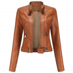 Naiste kunstnahast k&auml;rbitud jope PU Moto Biker Zip Up Mootorratas Slim Crop l&uuml;hike mantel Liibuvad &uuml;ler&otilde;ivad Mood vabaaja s&uuml;gise kevad bleiseriga varustus uus L kaamel