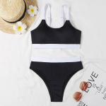 K&otilde;rge v&ouml;&ouml;kohaga kaevuvarras, kontrastne, splice, bikiinikomplektid, poolitatud ujumistrikoo, seljataga naiste ujumisriided S must