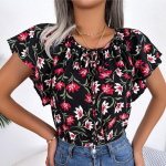 GMXIA naiste vabaaja moe suvised &uuml;mara kaelusega l&uuml;hikeste varrukatega pluusid ja vabad volangidega pitsist &scaron;ifoonist tops&auml;rgid S must