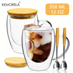 2 tk 12oz/15oz 350ml/450ml topeltseinaga klaasist kohvitassid bambusest kaanede ja lusikatega Klaasist kohvitassid sangaga Isoleeritud l&auml;bipaistev kohvitass T&auml;iuslik 11.83oz