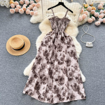 Naiste korea stiilis roosi&otilde;ieline printimine retro peokleit suvine elastne k&otilde;rge v&ouml;&ouml;kohaga puhkus pikk kleit Beach Vestido One Size