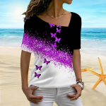 Naiste 3D Slope Butterfly Printing ilutulestiku &otilde;itsev ebaregulaarne krae l&uuml;hikeste varrukatega naiste T-s&auml;rk XS lilla