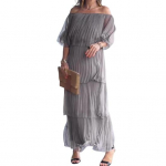 Naiste kleit v&auml;rvilise &scaron;ifooni volangidega hajutatud koogi&auml;&auml;rega &otilde;laga mitmekihilised volditud poolvarrukad L hall