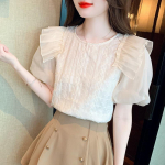 Moodne l&uuml;hikeste varrukatega vabaaja &scaron;ifoonist s&auml;rk naistele, suvine volangidega Rdge Patchwork, elegantne pluus, naiste liibumine, vintage puhvis varrukatega topsid, daam 24227 S aprikoosi