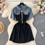 Kevadine vaba aja veetmise kaheosaline teksakleit l&uuml;hikeste varrukatega, n&ouml;&ouml;riga, v&ouml;&ouml;kohaga t&auml;navastiilis kleit One Size sinine/must