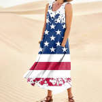 Naiste vabaaja mugav iseseisvusp&auml;eva printimine varrukateta puuvillane taskukleit L sinine