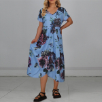 Naiste vabaaja tr&uuml;kitud V-kaelusega t&otilde;mblukuga l&uuml;hikeste varrukatega paneelidega suur pikk kleit XXL sinine