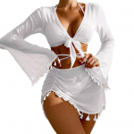 4 tk/komplekt naiste seksikas bikiinikomplekt, p&auml;itsetega, pitsiga, kolmnurkse rinnahoidjaga p&uuml;ksid, ujumistrikoo ja seelikuga ujumiskost&uuml;&uuml;m. L valge