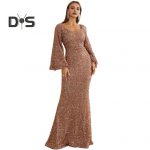 Naiste &otilde;htukleit, kelluke, varrukad, litrid A-joonega, &otilde;hukesed, madala l&otilde;ikega V-kaelusega maksikleit, selja keskosa, lukuga, suletav ballikleit S kuldne