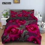Valentinip&auml;eva Pulmavoodipesukomplekt 2/3 tk Luksuslik Roosi Armastuse S&uuml;da Tekikott King Mikrokiust 3D Punase Roosi Tr&uuml;kiga Voodikate EU single(135x200cm)