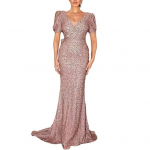 Naiste &Otilde;htukleit S&auml;delev Sequin L&uuml;hikeste Puffvarrukatega V-kaelusega Slim Fit P&otilde;randapikkuses Suur Vibu Seljal Keskmise V&ouml;&ouml;kohaga Kokteilipeo Banketi Maxi Kleit XL