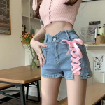Suvised magusad sidemega teksap&uuml;ksid naiste Korea armsad &scaron;ikid k&otilde;rge v&ouml;&ouml;kohaga l&uuml;hikesed p&uuml;ksid Kawaii t&uuml;drukud Harajuku seksikad Y2k punkteksad L roosa