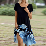 L&uuml;hikeste varrukatega boheemlaslik kleit naistele, vabaaja ja lahtise l&otilde;ikega suvine suviline lilleline kleit taskutega L must