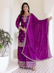 Naiste disaineri peokleit tikitud chinon-siidist kurti palazzo dupattaga komplekt salwar kameez &uuml;likond 2XL lilla