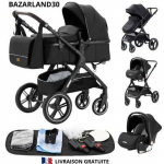 BAZARLAND30.Poussette 3 en 1 B&eacute;b&eacute; Combin&eacute;e Si&egrave;ge-Auto Nacelle Trio R&eacute;versible R&eacute;glable Haute Qualit&eacute; Roues increvables Canne.Noir must