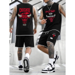 Meeste Retro Chicago Bulls Prindiga Varrukateta Tanktop ja L&uuml;hikesed P&uuml;ksid Komplekt Hingav Spordir&otilde;ivad Streetwear XL must