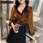 Elegantsed naiste pluusid sametist naiste topid naiste s&auml;rk pluus chemise femme blusas blusa feminina pikkade varrukatega topp naiste mujer S kuld