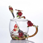 Kuumuskindel klaasist tass Rose emailiga kohvitass kruus Lilletee klaasisulamist k&auml;epideme tass lusika ja kaanega 320ML punane