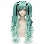 Naiste Anime Vocaloid Miku Natural Long Body Wave Roheline Topelt Ponytails S&uuml;nteetilised Cosplay Parukad naistele Halloweeni kost&uuml;&uuml;mipidu One Size heleroheline v&auml;rv